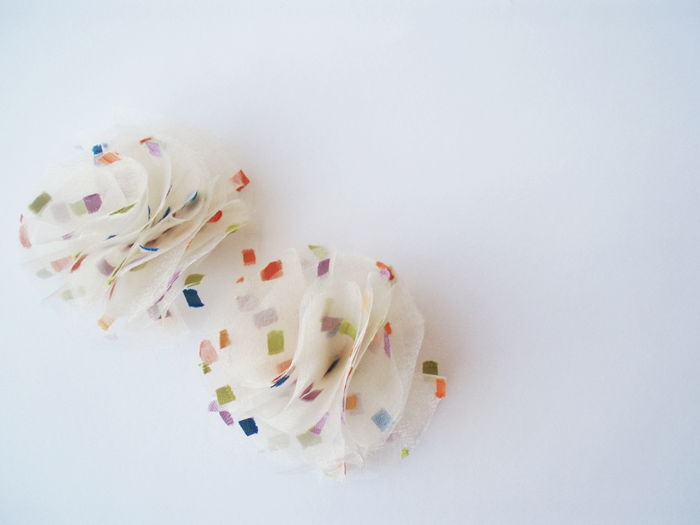 Cream off Organza Fabric with colorful squares Pom Pom Flowers Handmade Appliques Embellishments(2 pcs)
