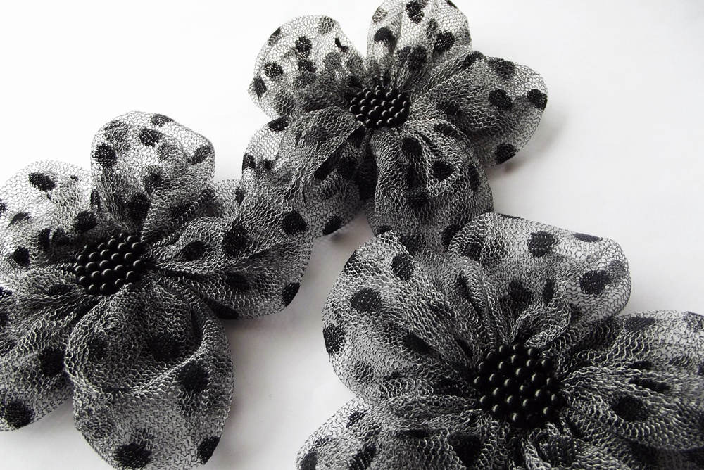 Grey Tulle with Black Dots Flowers Handmade Appliques Embellishments(3 pcs)