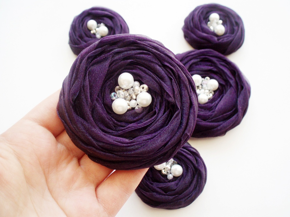 Purple Roses Handmade Appliques Embellishment 5 pcs