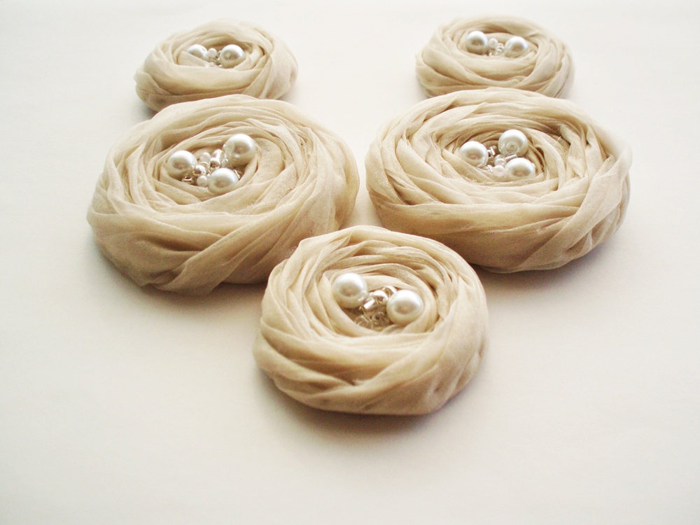  Nude Chiffon Roses Handmade Appliques Embellishment 5 pcs