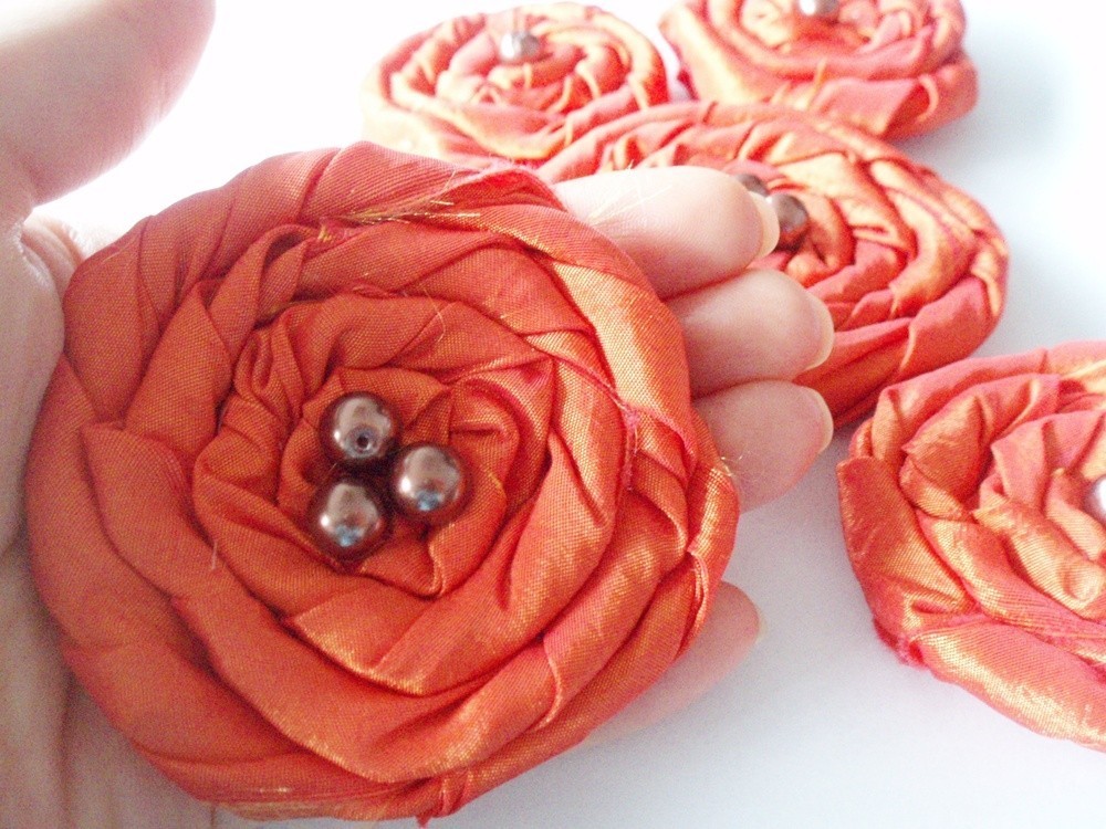 Orange Red Roses Handmade Appliques Embellishments(5 pcs) MADE TO ORDER