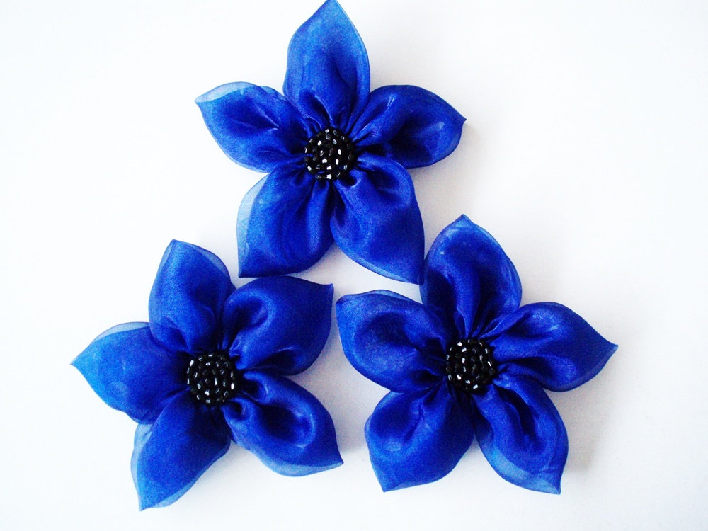 Cobalt Blue Flowers Handmade Appliques Embellishments(3 Pcs) on Luulla